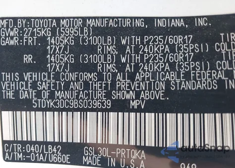 2011 Toyota Sienna Xle V6 из США, поврежденный, VIN 5TDYK3DC9BS039639